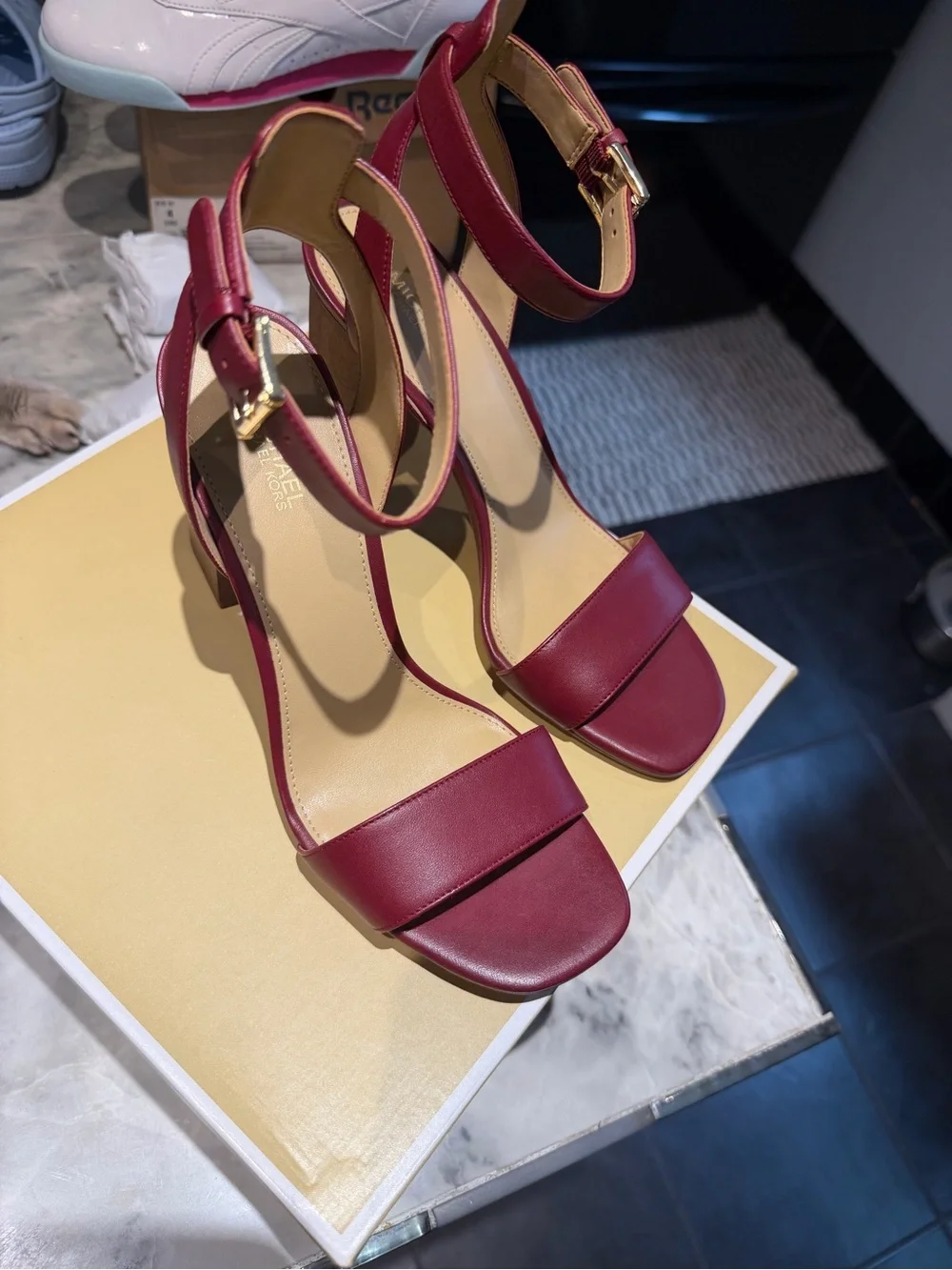Michael Kors Burgundy Ankle-Strap Block Heel Sandals maroon color